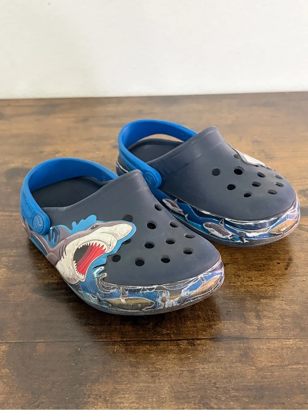 CROCS Kids Shark Clogs in Navy and Bright Blue